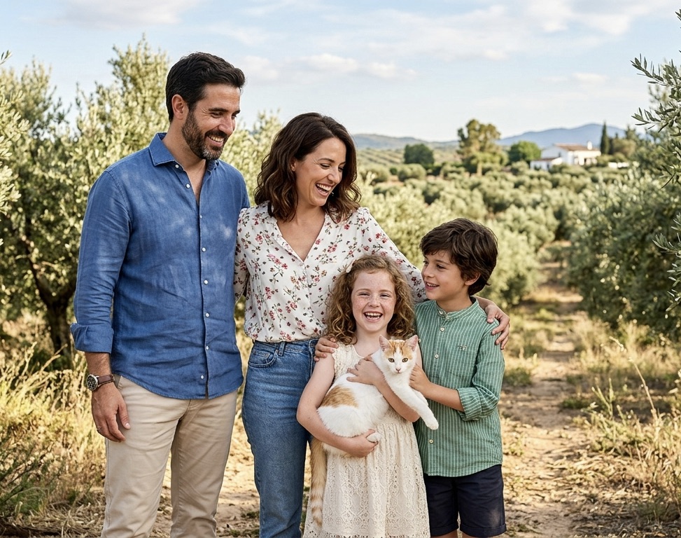 Familia en los olivares de Úbeda, Jaén, con dos niños y un gato turco